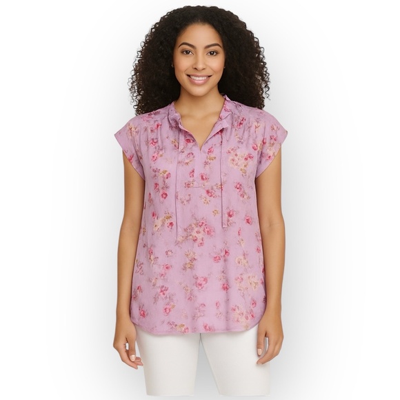 NWT Buffalo David Bitton Flutter Sleeve Jacquard Top – Size Large – Lilac Floral - Picture 1 of 4